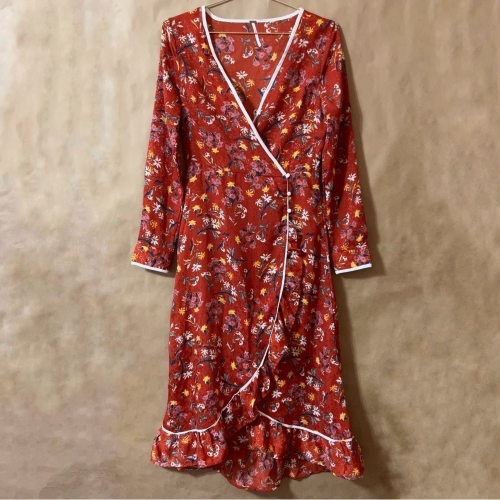 Free People | Covent Garden Midi Dress Floral Ruffle Wrap Dress Red Size 2